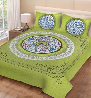 Jaipur Sanganeri Green Circle Me Circle Cotton Double Bedsheet | Queen Size 90 x 100 inch Pure Cotton | Double Bed Sheet with 2 Large Pillow Covers