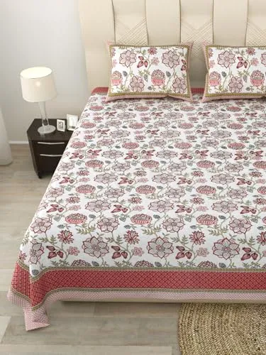 Jaipuri Cotton King Size Double Bedsheet, 100 x 108 cm, Red Floral Print