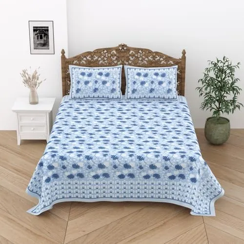 Jaipuri Pure Cotton Premium King Size Double Bedsheet, 90x108 inches, with 2 Pillow Covers