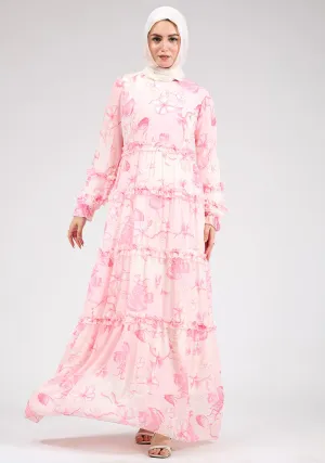 Jalila Delicate Floral Chiffon Maxi Dress with Ruffle Tiers