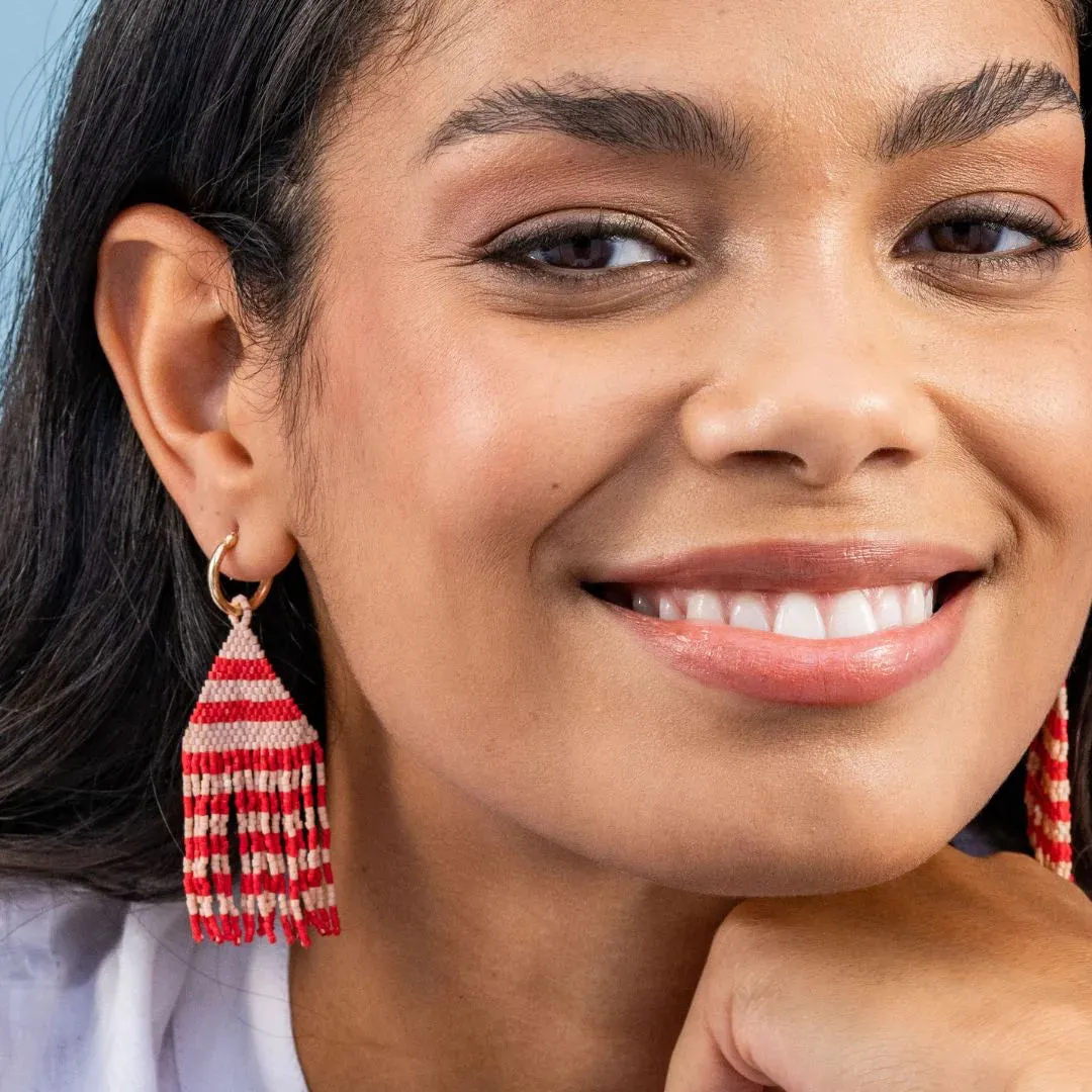 James Mini Gold Hoop Two Tone Stripes Beaded Fringe Earrings Poppy