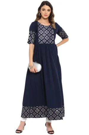 Janasya Women's Poly Crepe Foil Print Flared Kurta Navy Blue