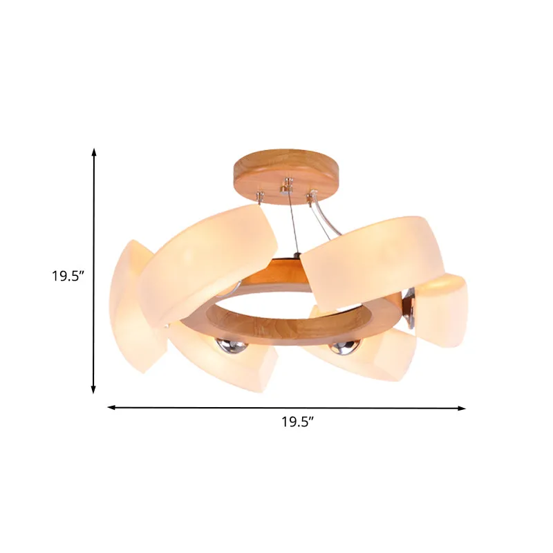 Japanese-inspired Wood Curved Chandelier Pendant Light - 6 Lights, White Glass Ring Ceiling Lamp