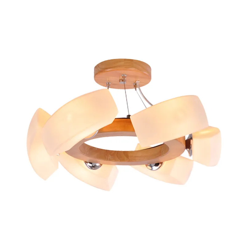 Japanese-inspired Wood Curved Chandelier Pendant Light - 6 Lights, White Glass Ring Ceiling Lamp