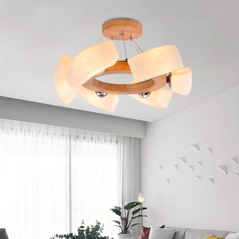 Japanese-inspired Wood Curved Chandelier Pendant Light - 6 Lights, White Glass Ring Ceiling Lamp