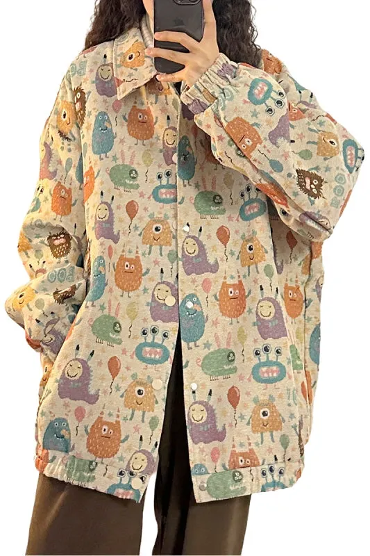 Japanese Retro Preppy Style Loose Fun Full Print Cartoon Lapel Jacket