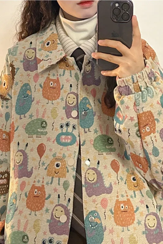 Japanese Retro Preppy Style Loose Fun Full Print Cartoon Lapel Jacket