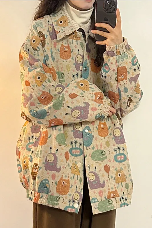 Japanese Retro Preppy Style Loose Fun Full Print Cartoon Lapel Jacket