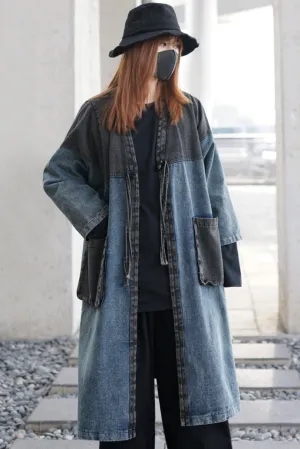 Japanese Retro Washed Blue Denim Trench Coat Stitched Sleeves Over-the-Knee Long Loose Cardigan Jacket Spring and Autumn Thin Style