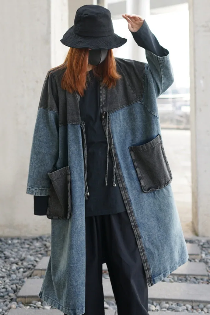 Japanese Retro Washed Blue Denim Trench Coat Stitched Sleeves Over-the-Knee Long Loose Cardigan Jacket Spring and Autumn Thin Style