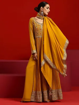 Jashvi Art Amber Embroidered Georgette A-Line Kurta With Palazzos & Dupatta