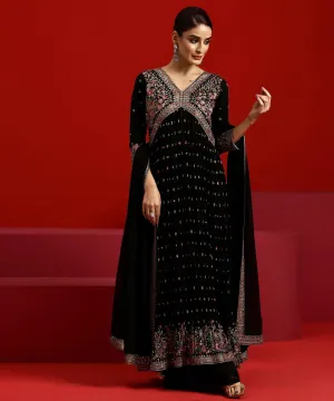 Jashvi Art Black Embroidered Georgette A-Line Kurta With Palazzos & Dupatta