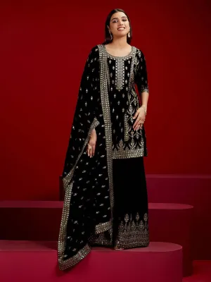 Jashvi Art Black Embroidered Velvet Straight Suit With Dupatta