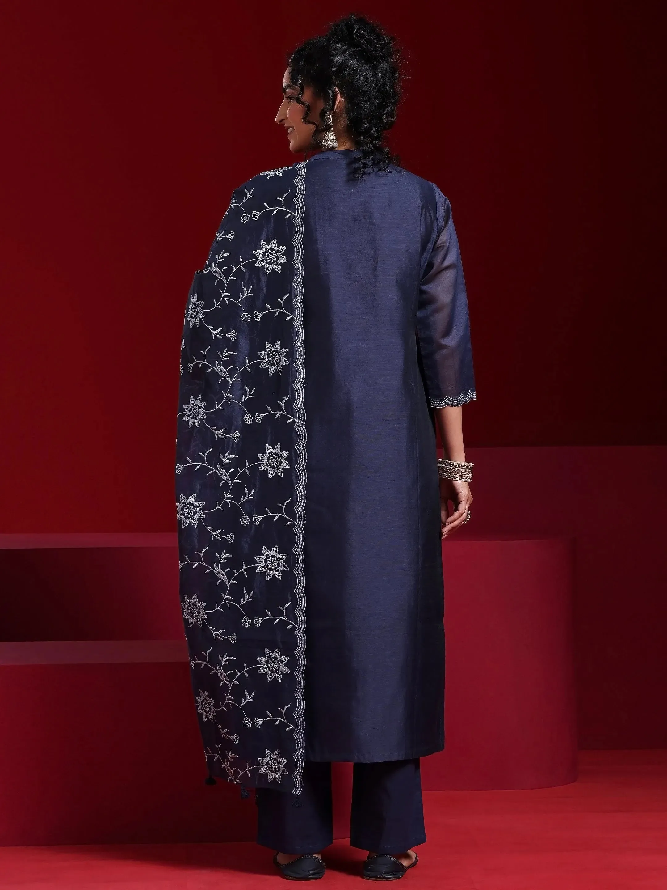 Jashvi Art Blue Embroidered Chanderi Silk Straight Suit With Dupatta