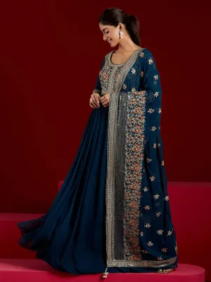 Jashvi Art Blue Yoke Design Georgette Anarkali Suit With Dupatta