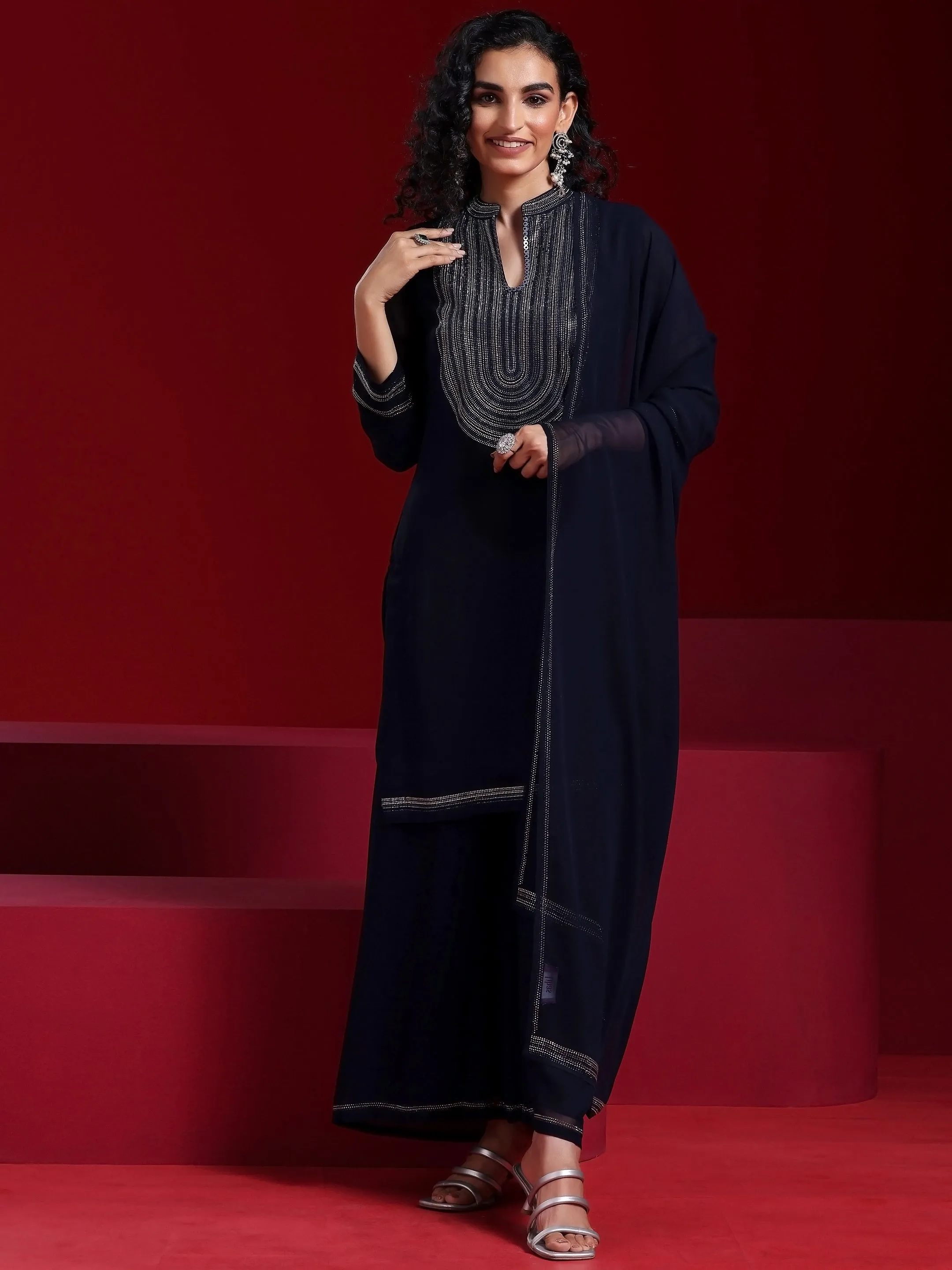 Jashvi Art Blue Yoke Design Georgette Straight Suit With Dupatta