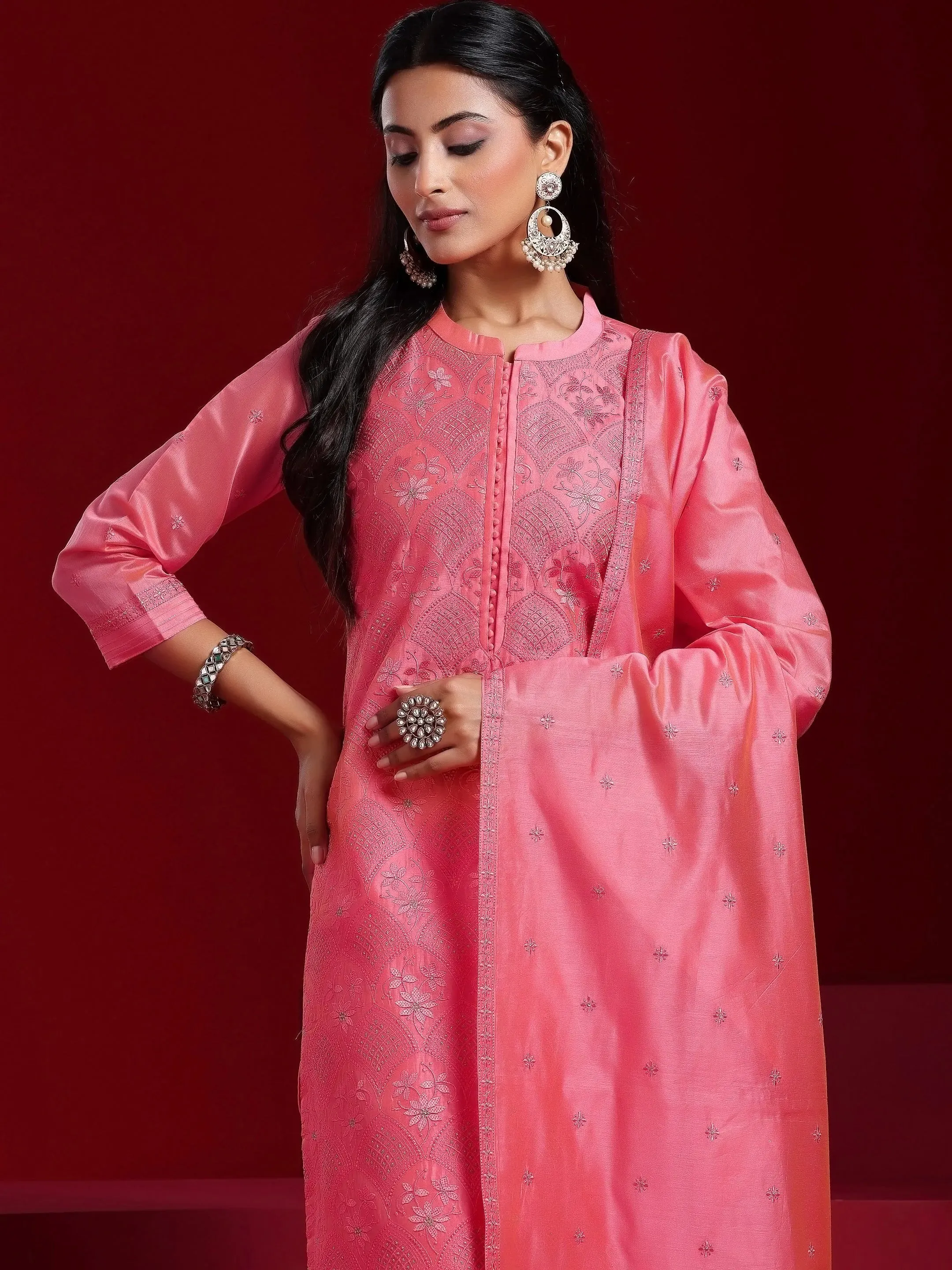 Jashvi Art Coral Embroidered Chanderi Silk Straight Suit With Dupatta