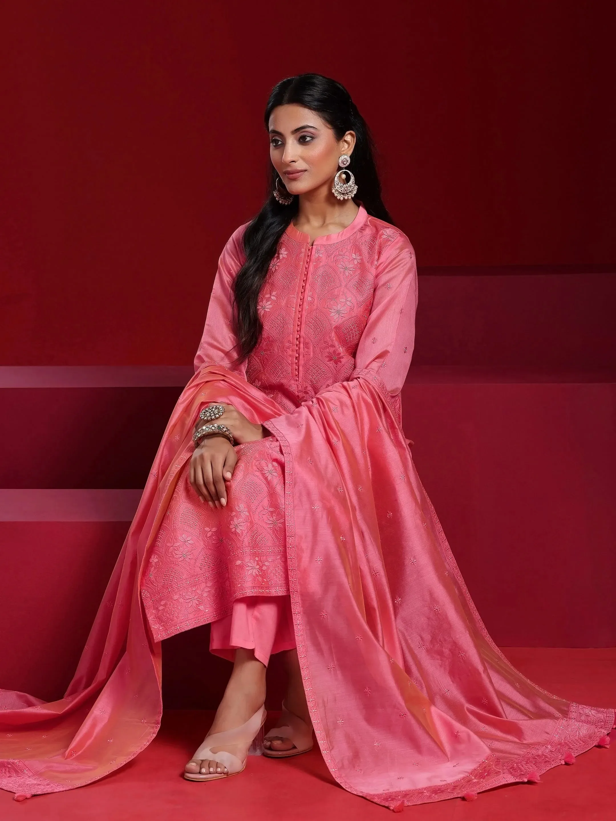 Jashvi Art Coral Embroidered Chanderi Silk Straight Suit With Dupatta