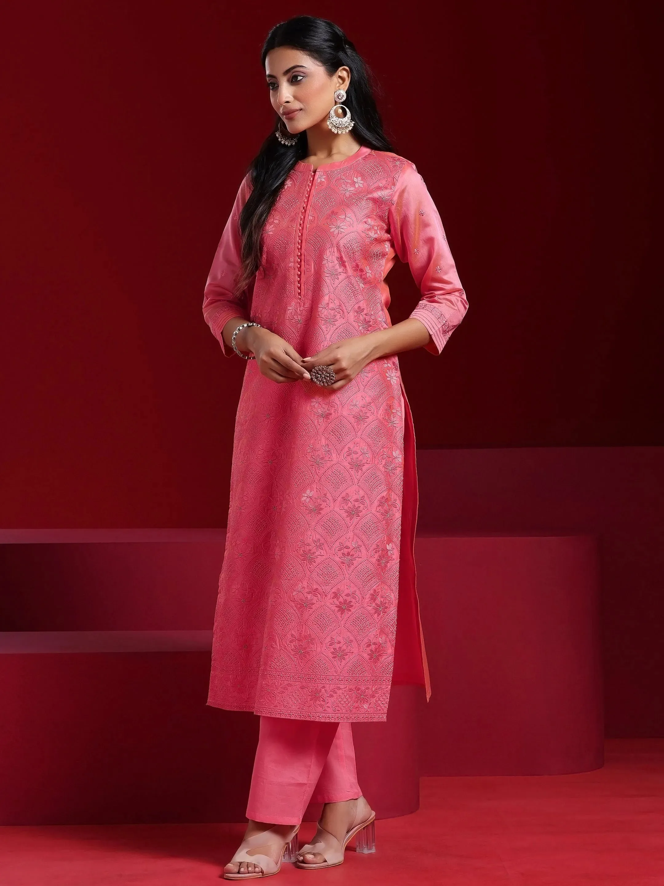 Jashvi Art Coral Embroidered Chanderi Silk Straight Suit With Dupatta