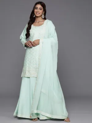 Jashvi Art Green Embroidered Silk Blend Straight Suit With Dupatta