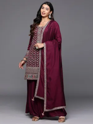 Jashvi Art Maroon Embroidered Silk Blend Pakistani Suit