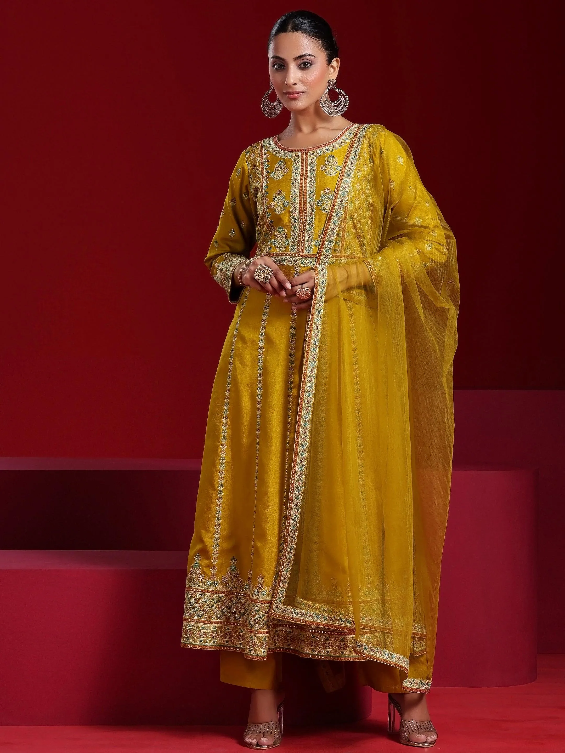 Jashvi Art Mustard Embroidered Silk Blend A-Line Kurta With Sharara & Dupatta