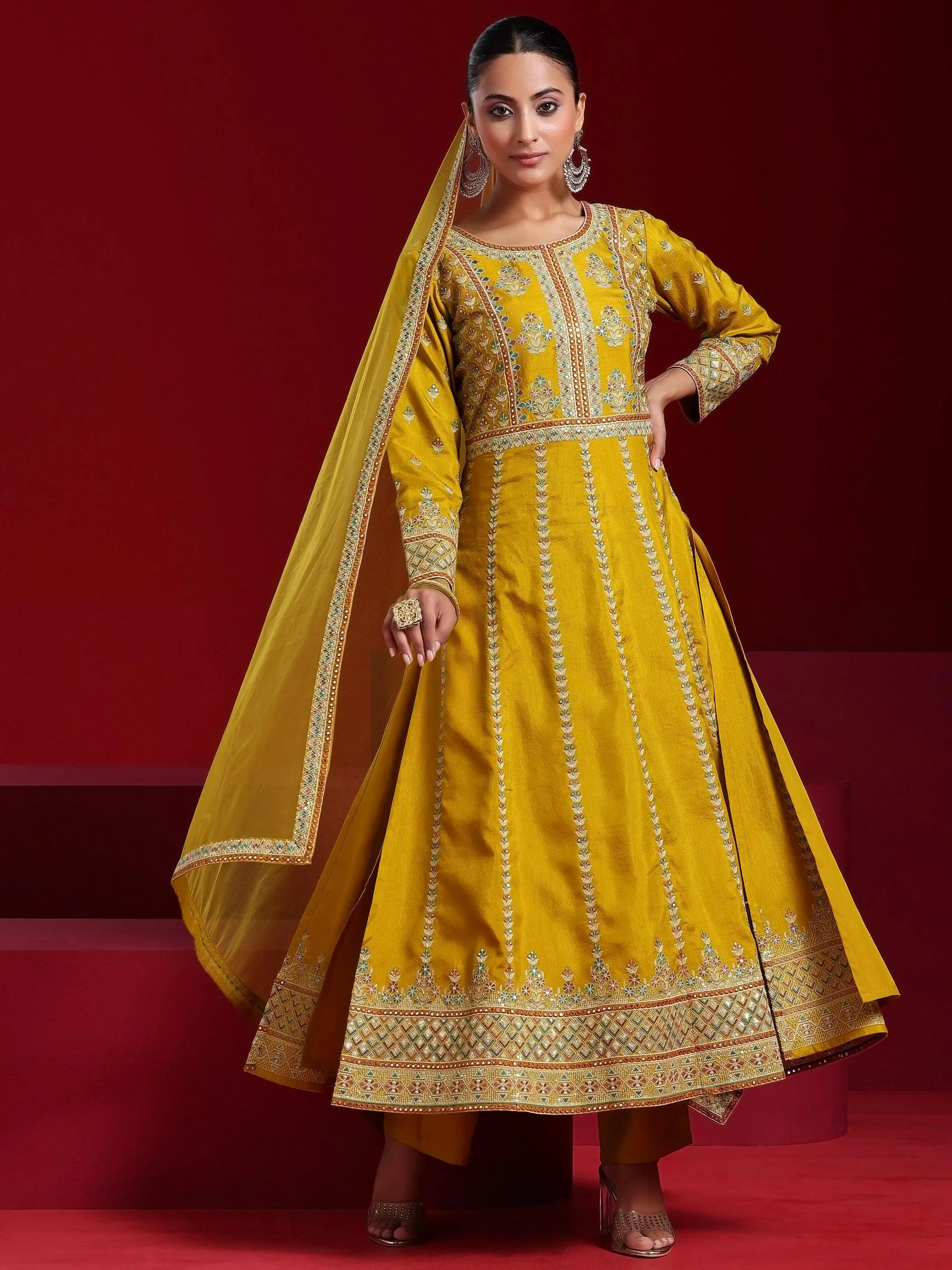 Jashvi Art Mustard Embroidered Silk Blend A-Line Kurta With Sharara & Dupatta