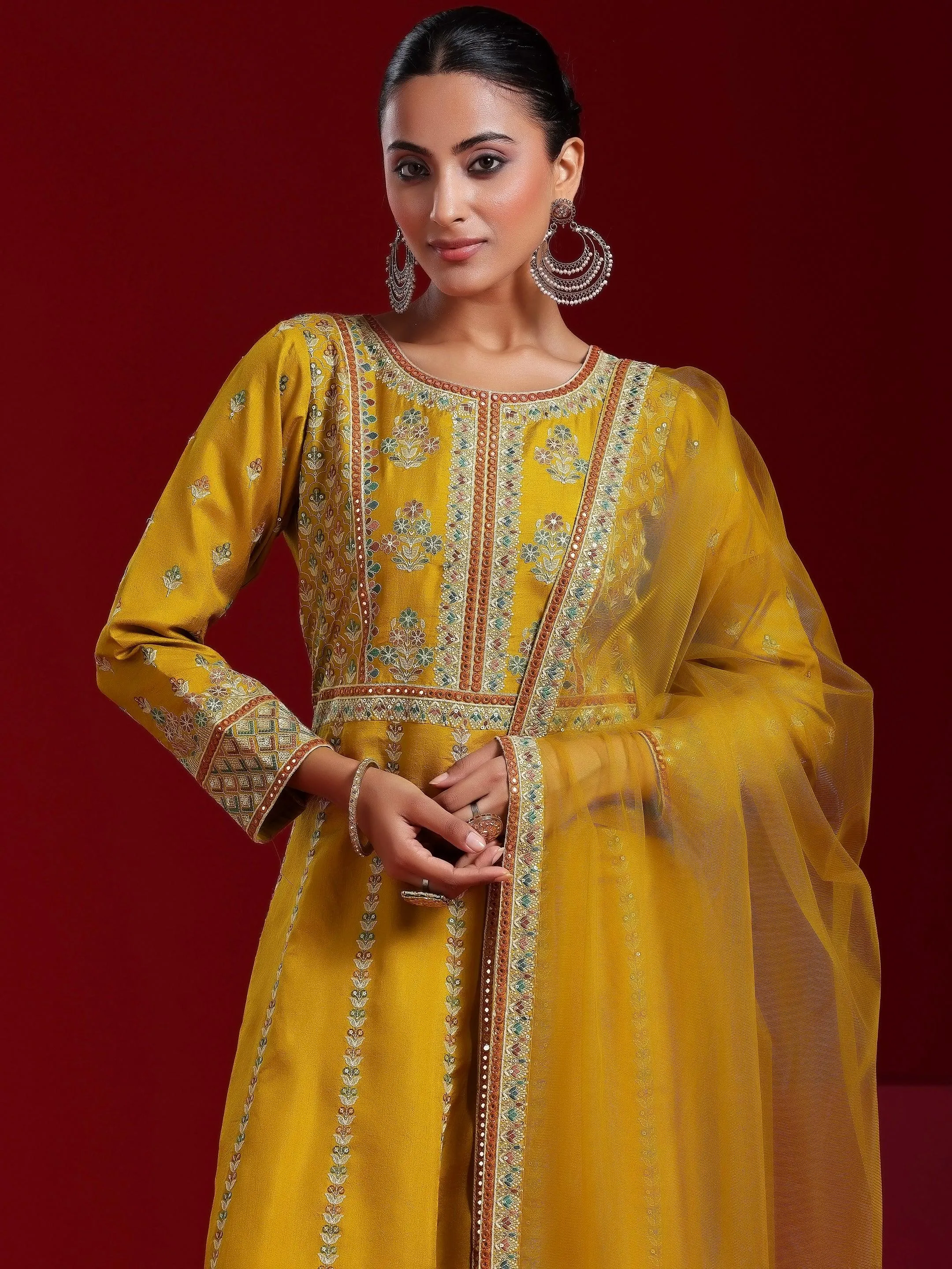 Jashvi Art Mustard Embroidered Silk Blend A-Line Kurta With Sharara & Dupatta