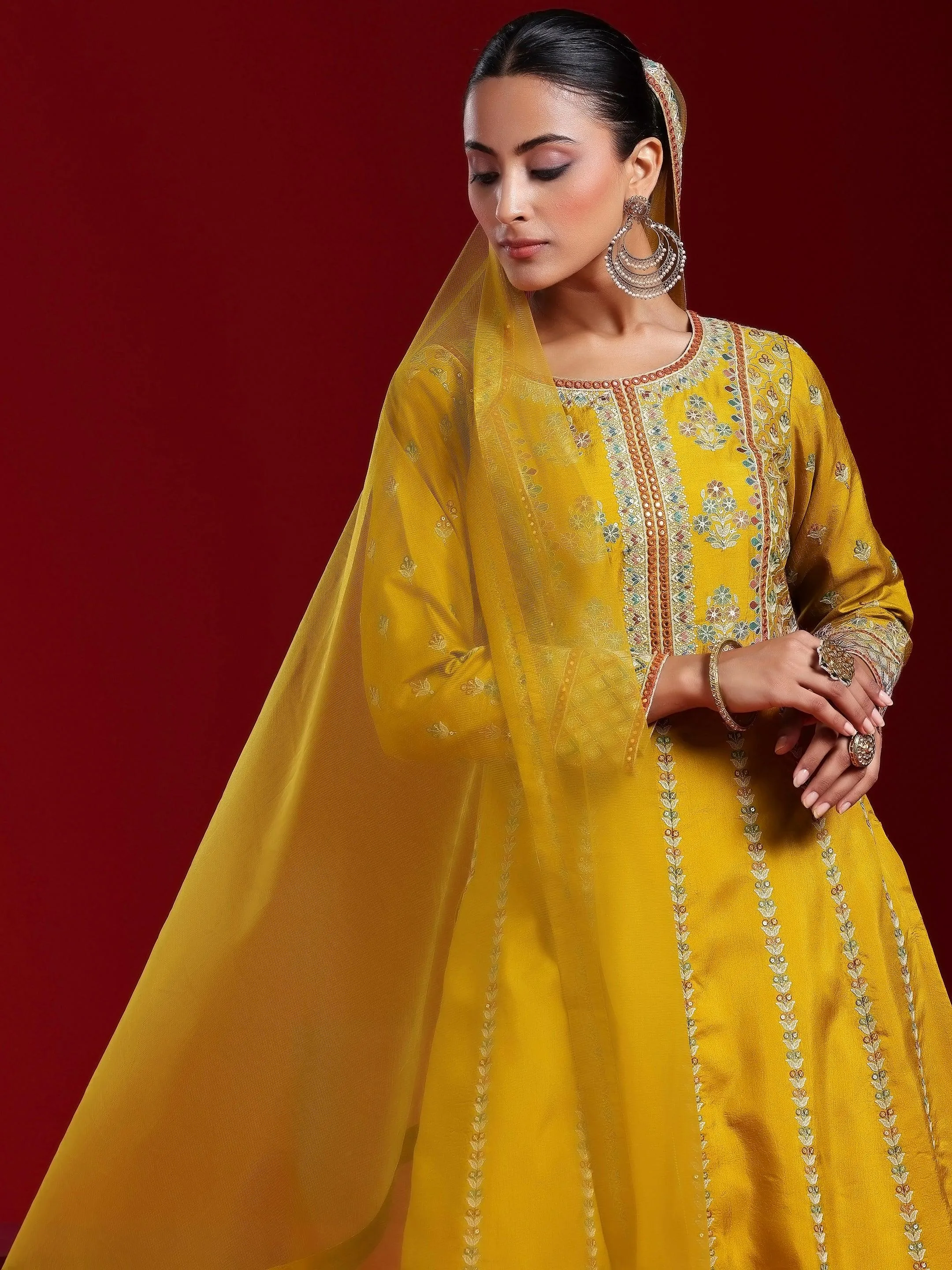 Jashvi Art Mustard Embroidered Silk Blend A-Line Kurta With Sharara & Dupatta