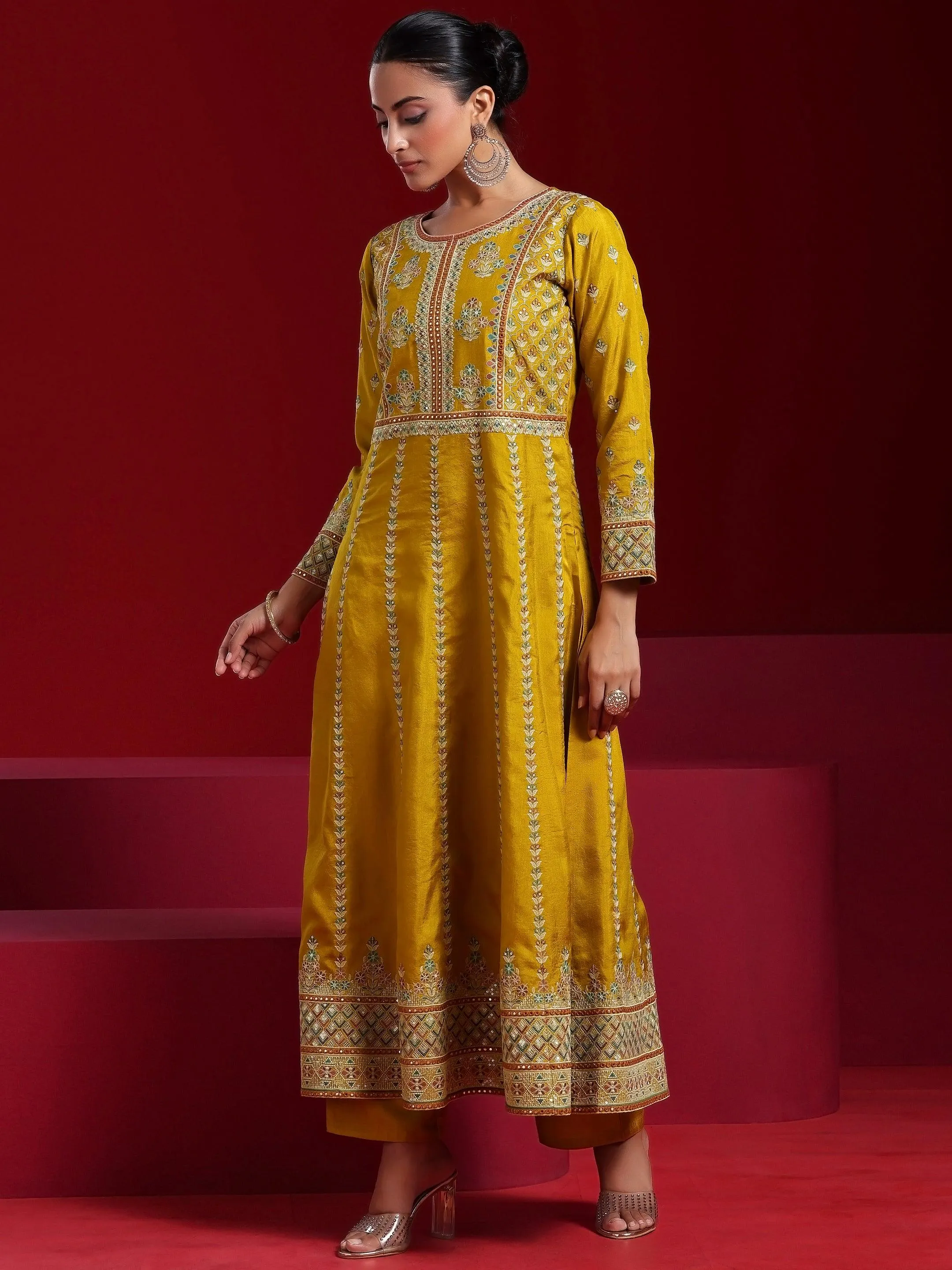 Jashvi Art Mustard Embroidered Silk Blend A-Line Kurta With Sharara & Dupatta