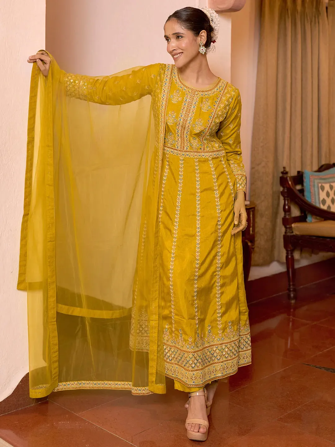 Jashvi Art Mustard Embroidered Silk Blend A-Line Kurta With Sharara & Dupatta