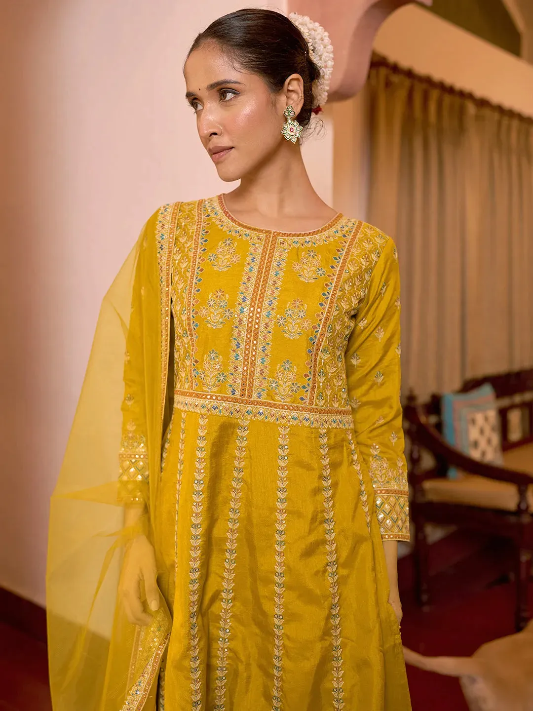 Jashvi Art Mustard Embroidered Silk Blend A-Line Kurta With Sharara & Dupatta