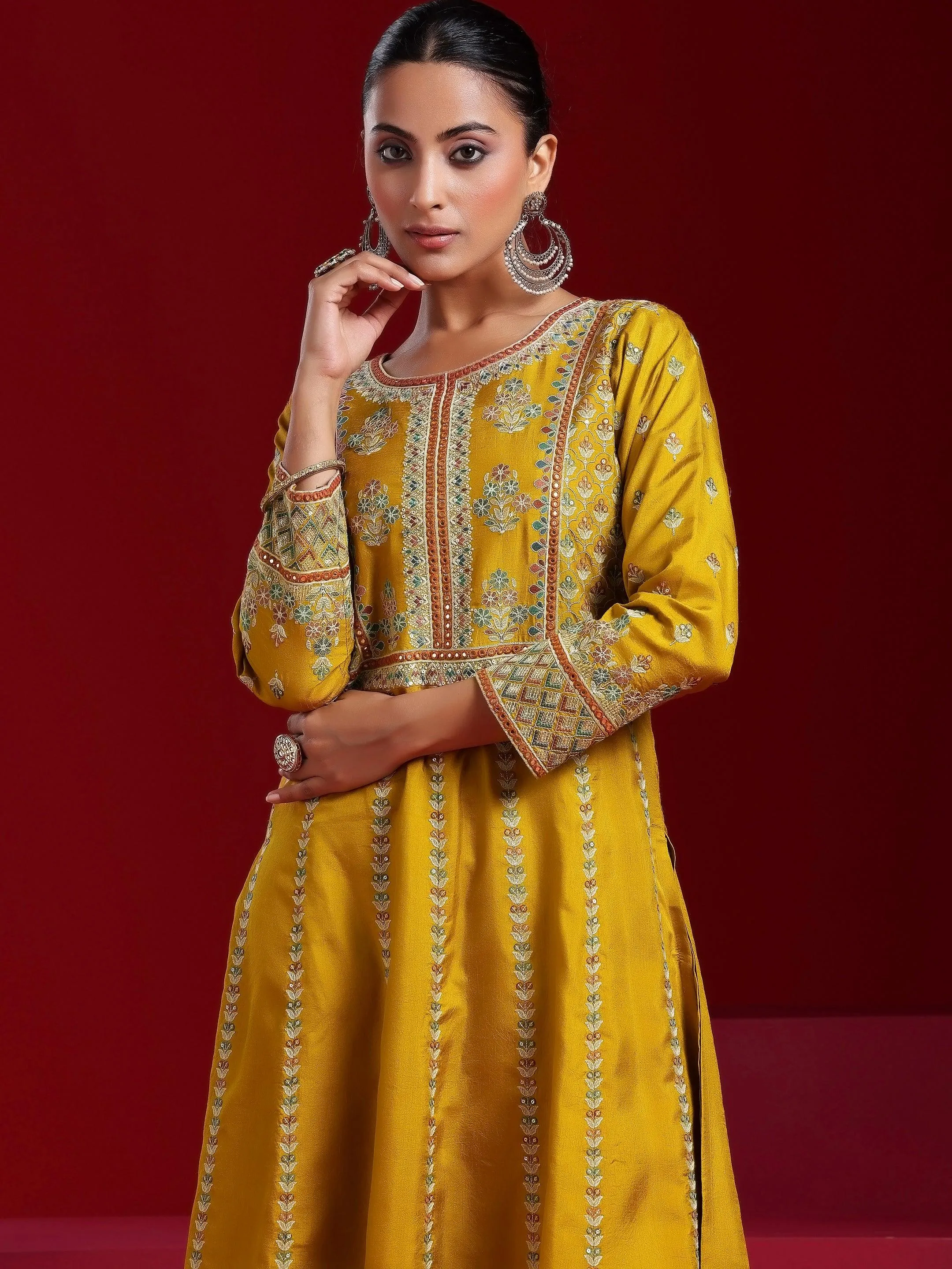 Jashvi Art Mustard Embroidered Silk Blend A-Line Kurta With Sharara & Dupatta