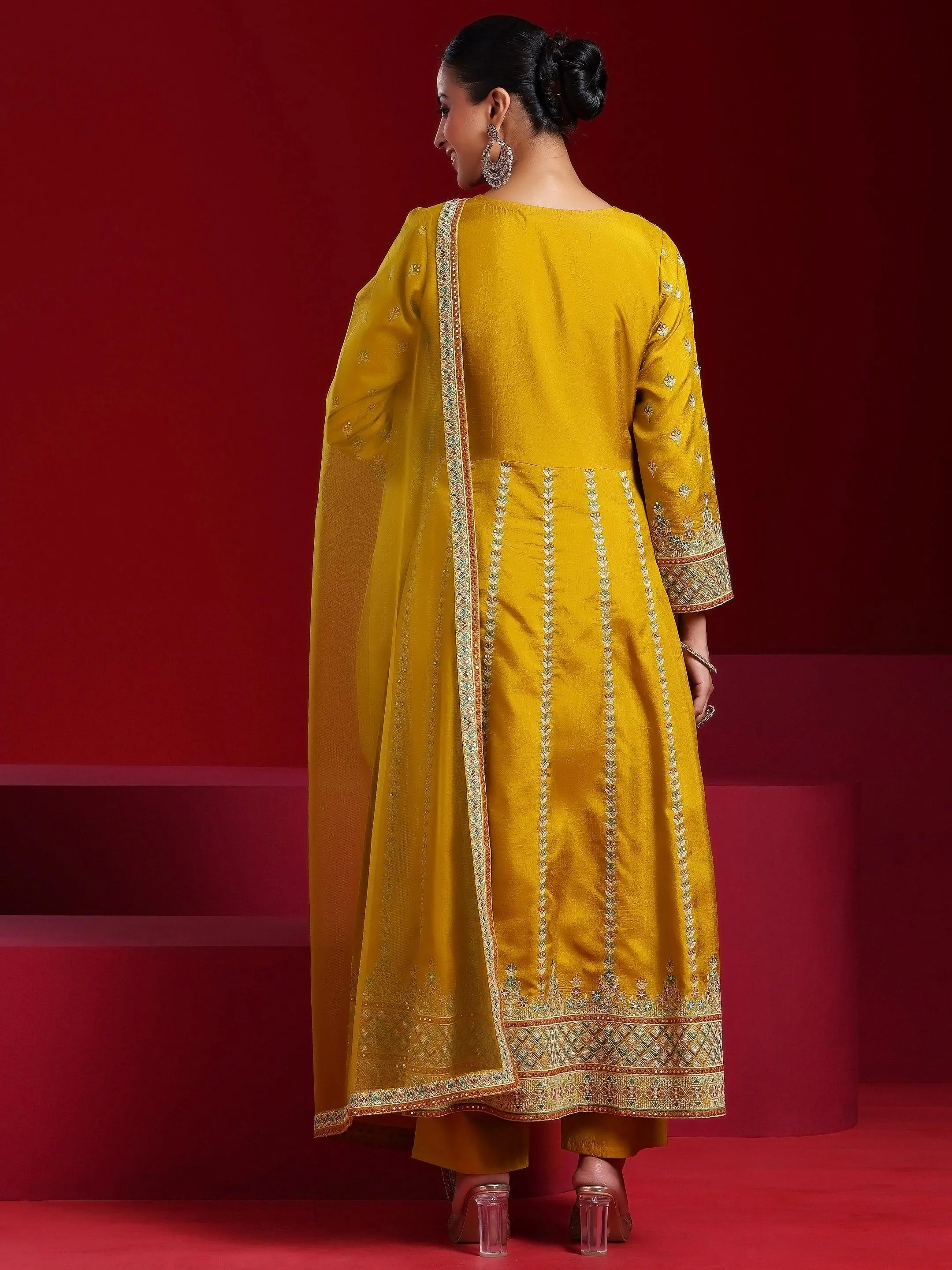 Jashvi Art Mustard Embroidered Silk Blend A-Line Kurta With Sharara & Dupatta