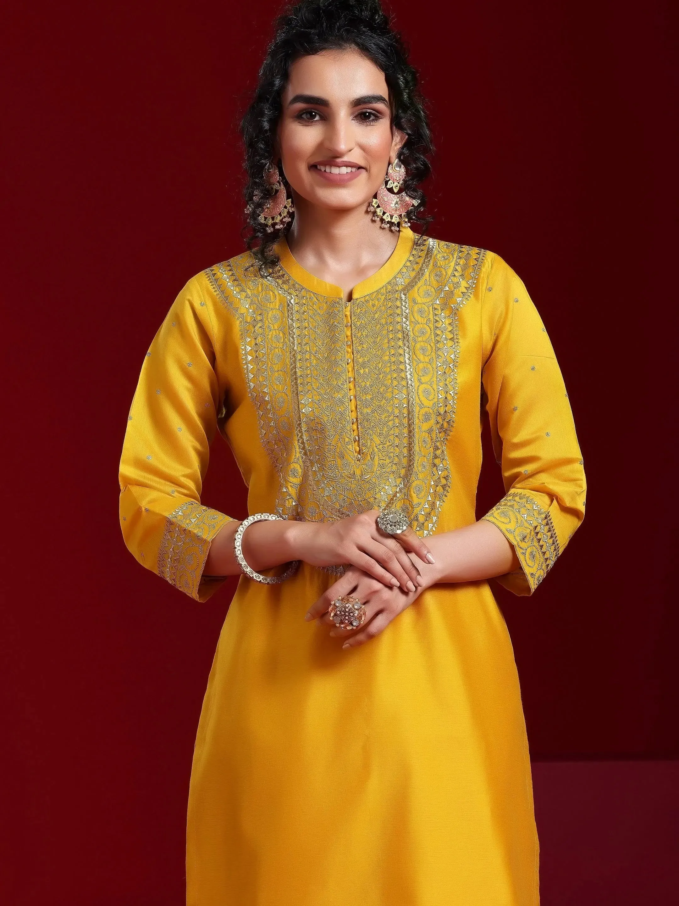 Jashvi Art Mustard Yoke Design Chanderi Silk Straight Suit With Dupatta