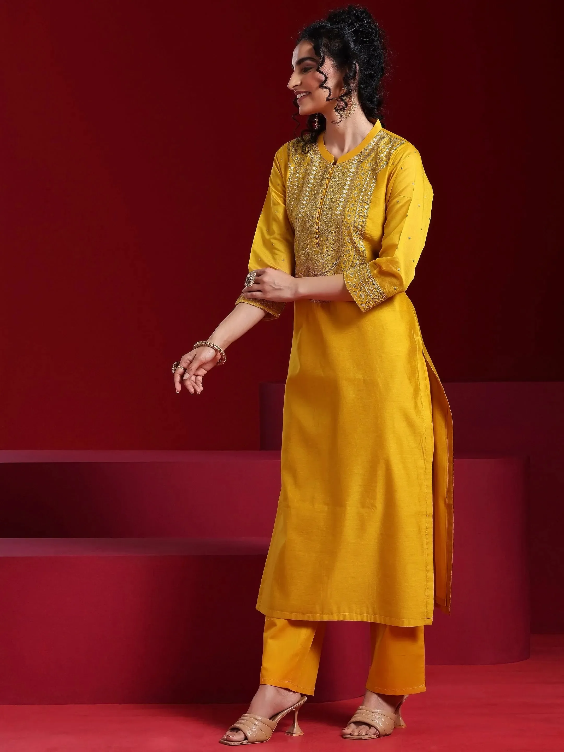 Jashvi Art Mustard Yoke Design Chanderi Silk Straight Suit With Dupatta