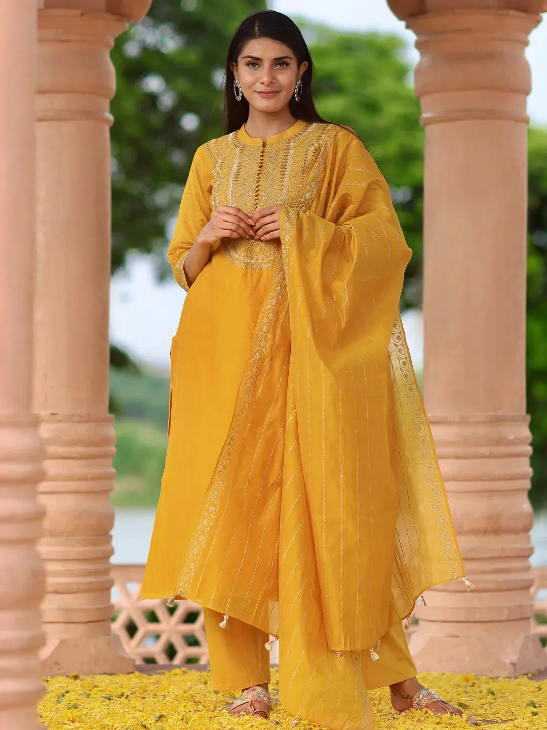 Jashvi Art Mustard Yoke Design Chanderi Silk Straight Suit With Dupatta