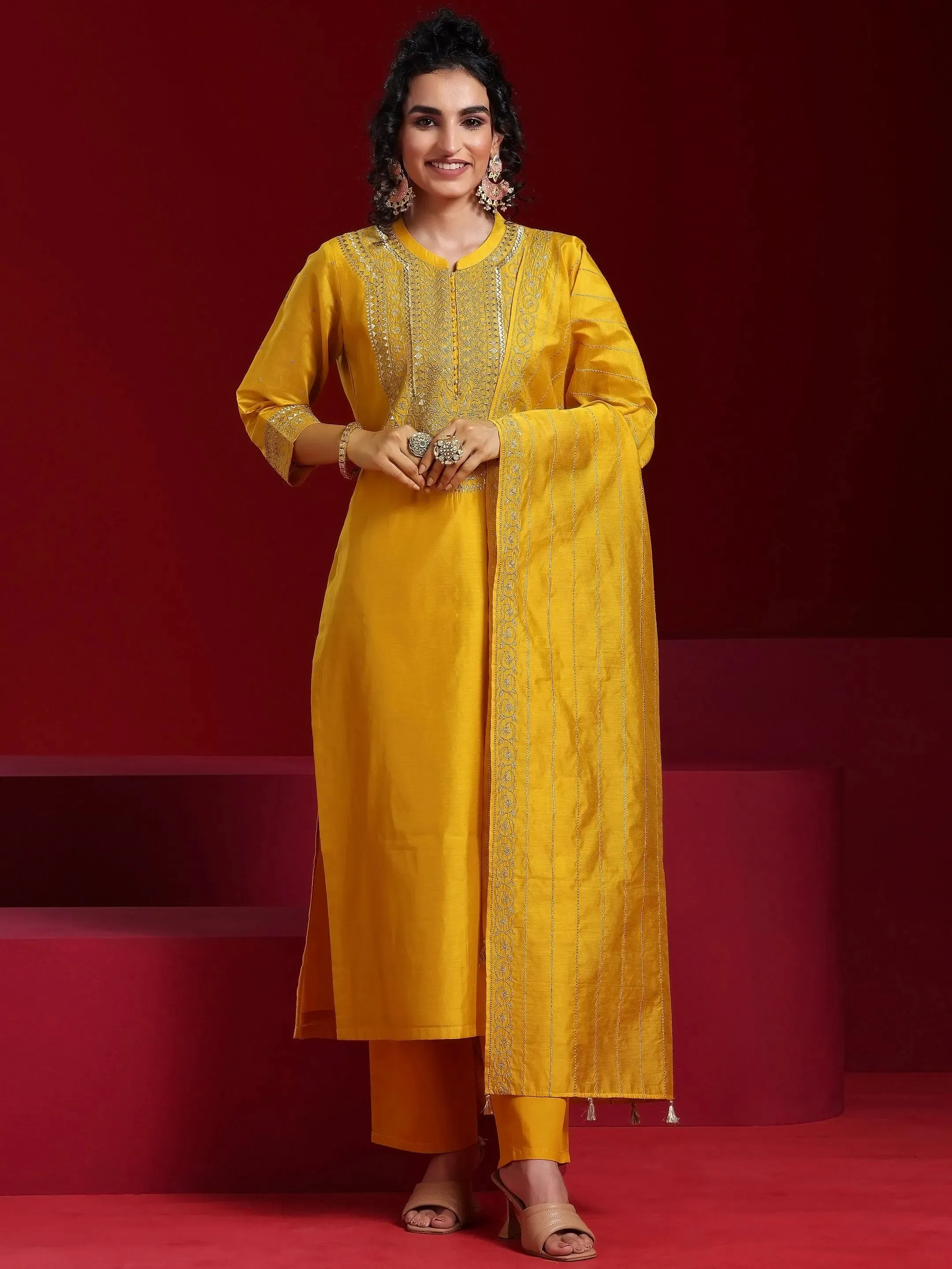 Jashvi Art Mustard Yoke Design Chanderi Silk Straight Suit With Dupatta