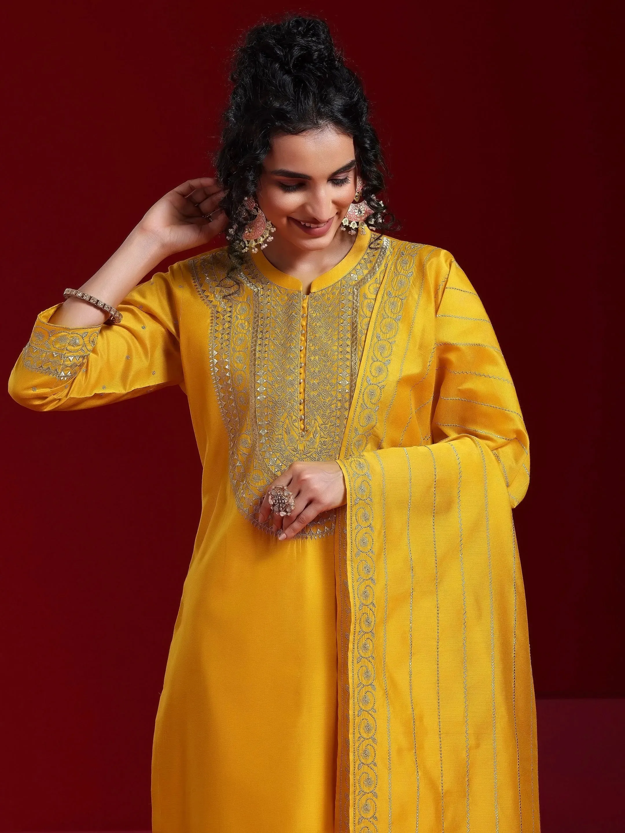 Jashvi Art Mustard Yoke Design Chanderi Silk Straight Suit With Dupatta