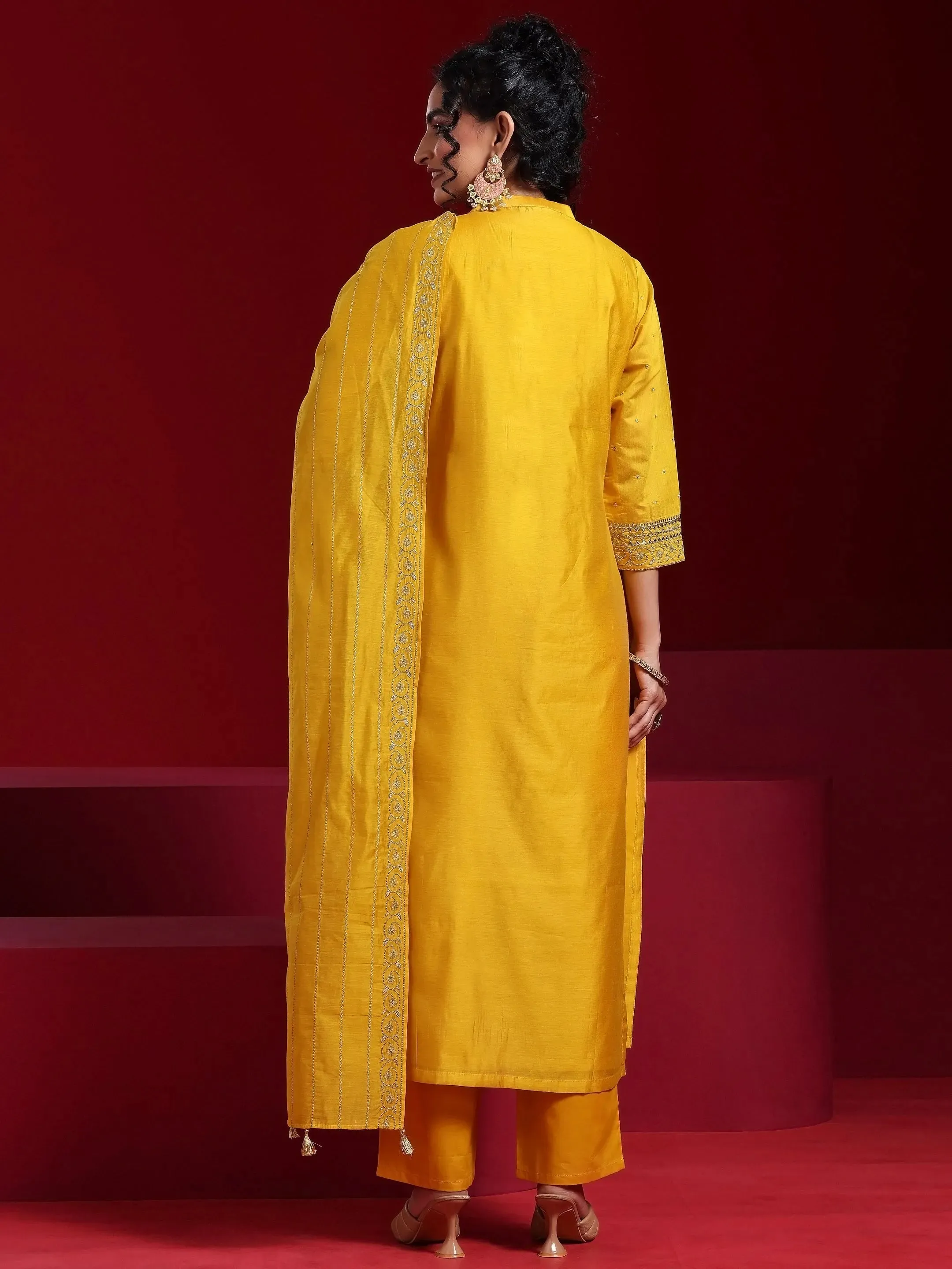 Jashvi Art Mustard Yoke Design Chanderi Silk Straight Suit With Dupatta