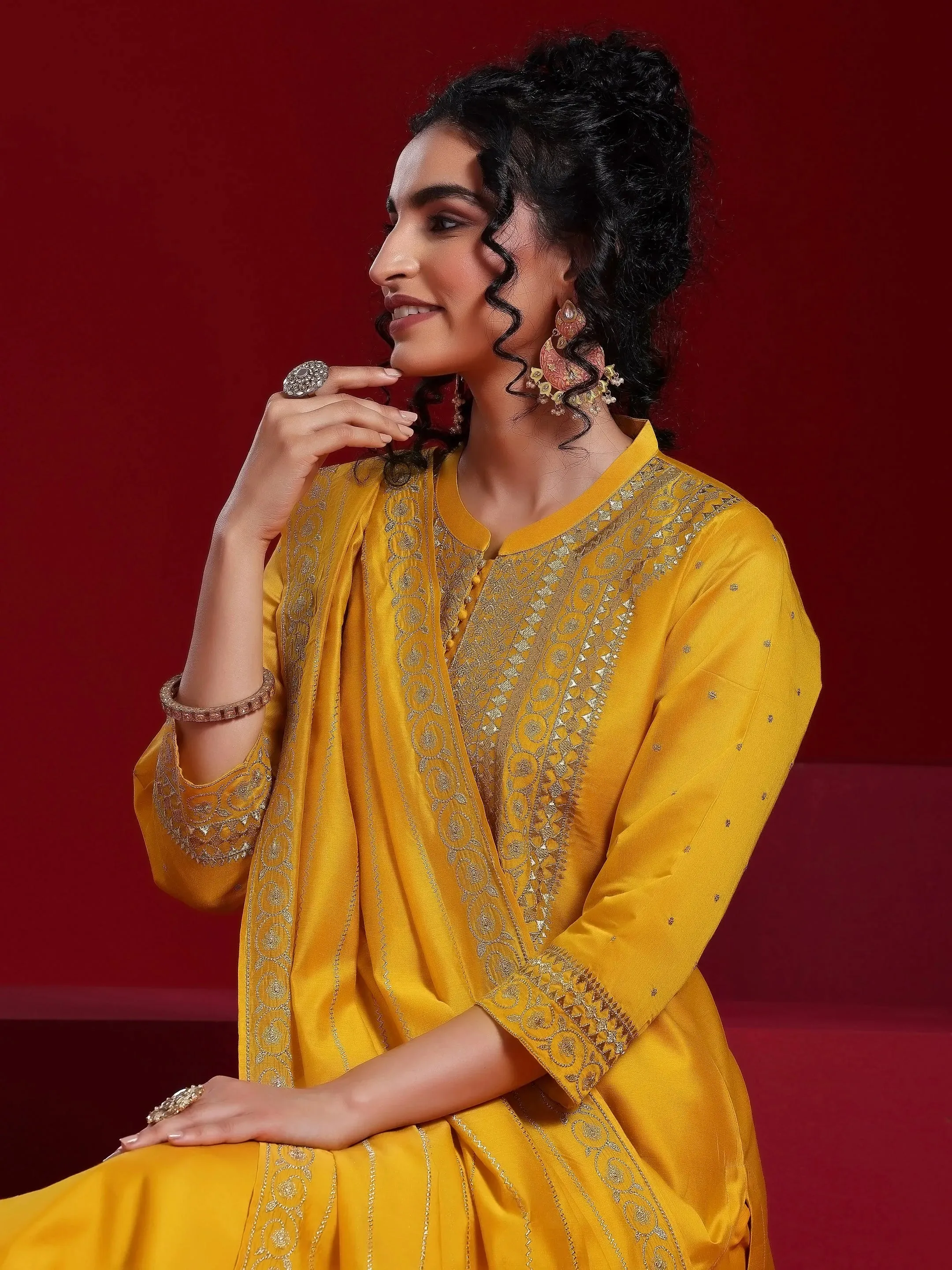 Jashvi Art Mustard Yoke Design Chanderi Silk Straight Suit With Dupatta