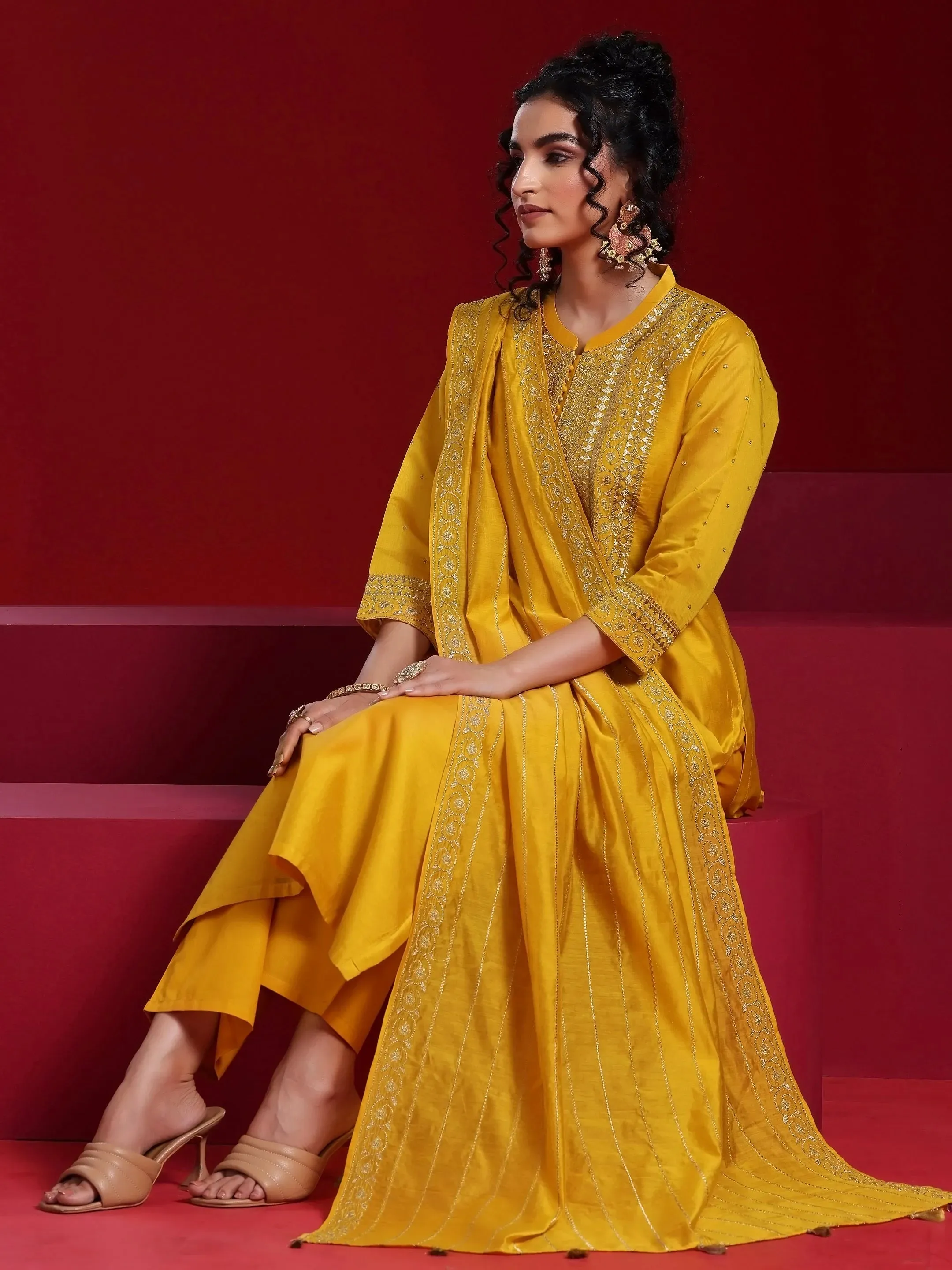 Jashvi Art Mustard Yoke Design Chanderi Silk Straight Suit With Dupatta