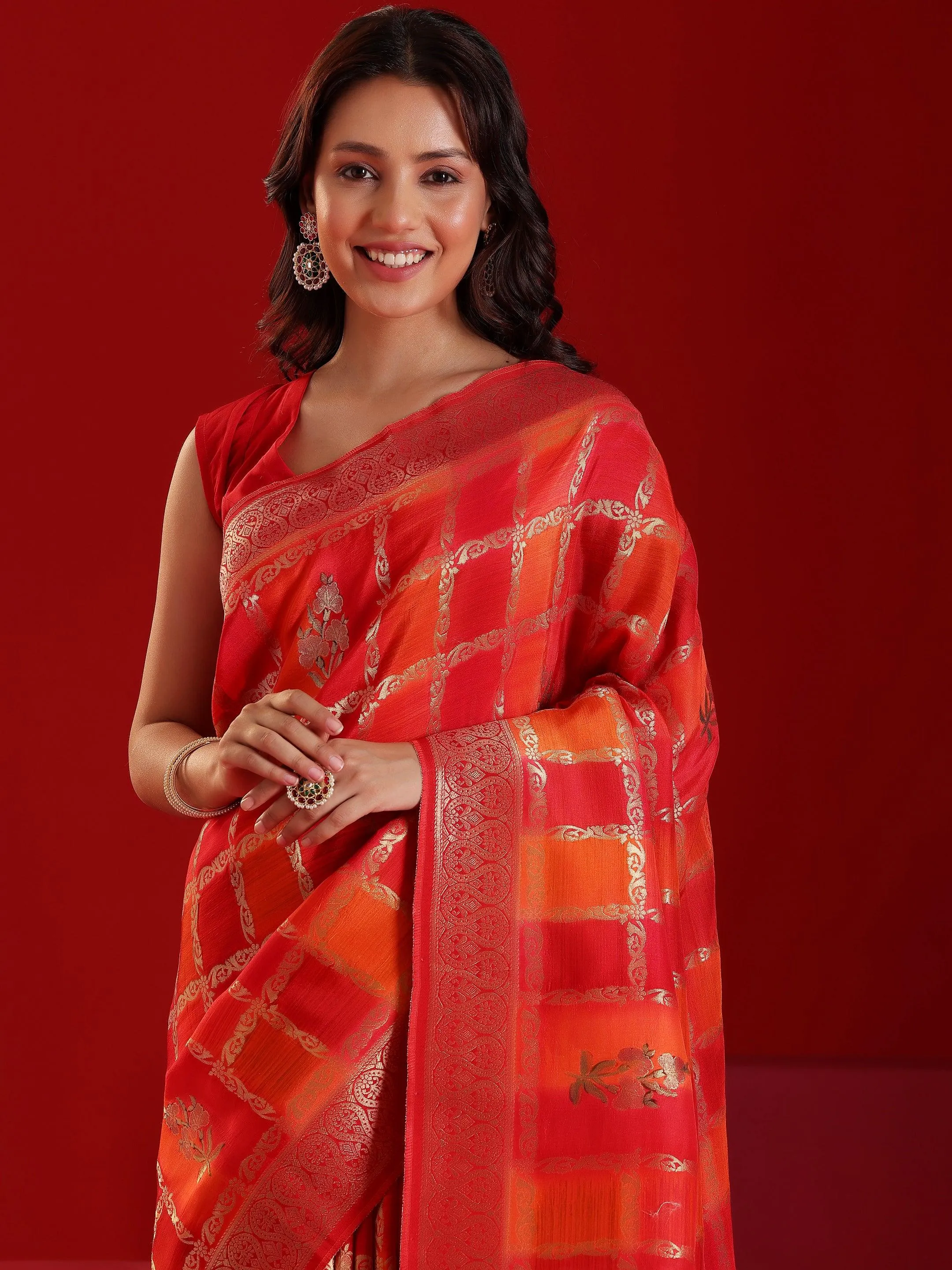 Jashvi Art Orange Woven Design Satin Saree With Unstitched  Blouse Piece