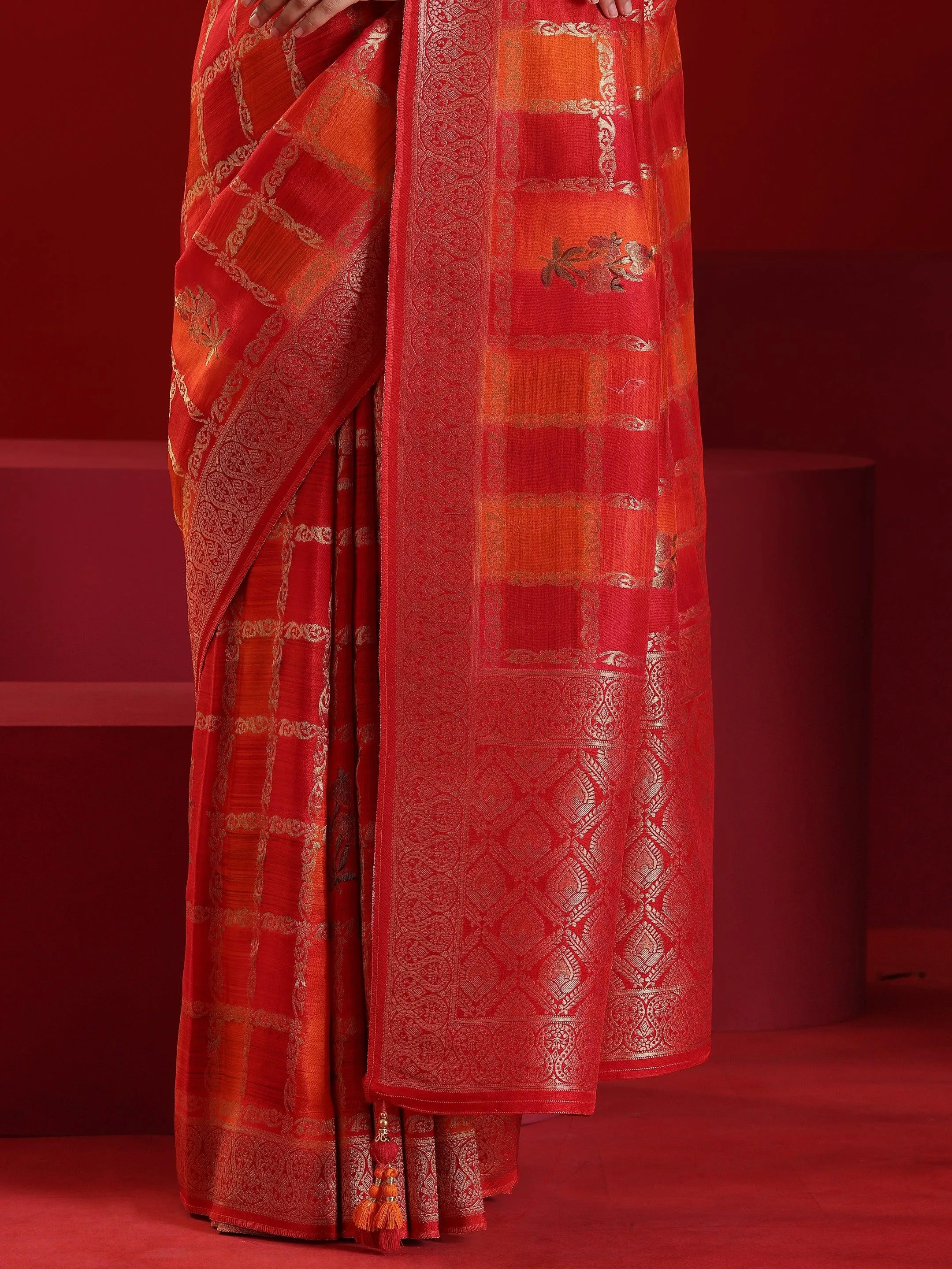 Jashvi Art Orange Woven Design Satin Saree With Unstitched  Blouse Piece