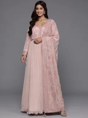 Jashvi Art Peach Embroidered Georgette Anarkali Suit With Dupatta