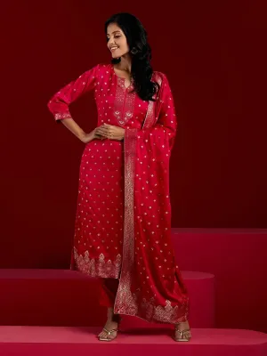 Jashvi Art Pink Woven Design Silk Straight Suit With Dupatta