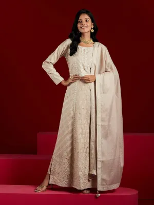 Jashvi Art Taupe Embroidered Silk A-Line Kurta With Trousers & Dupatta