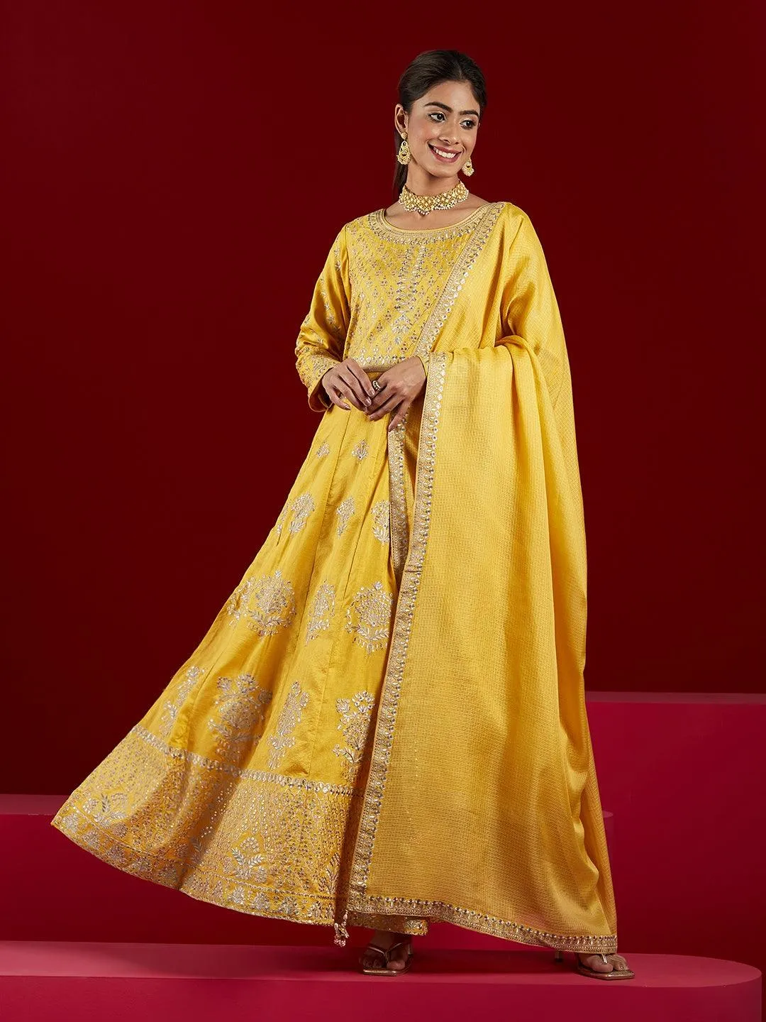 Jashvi Art Yellow Embroidered Silk A-Line Kurta With Trousers & Dupatta