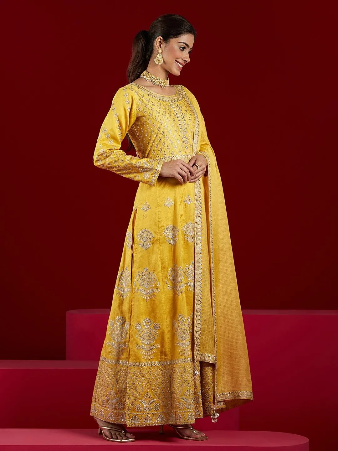 Jashvi Art Yellow Embroidered Silk A-Line Kurta With Trousers & Dupatta