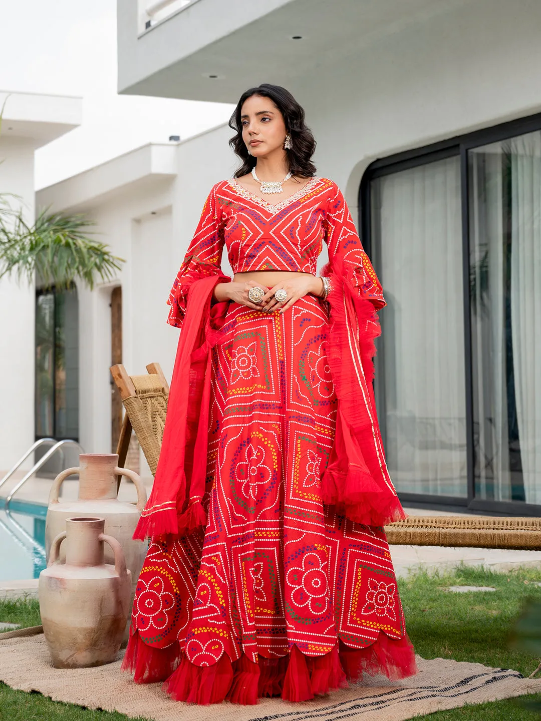 Jashvi Bandhani Printed Cotton Lehenga & Blouse With Dupatta